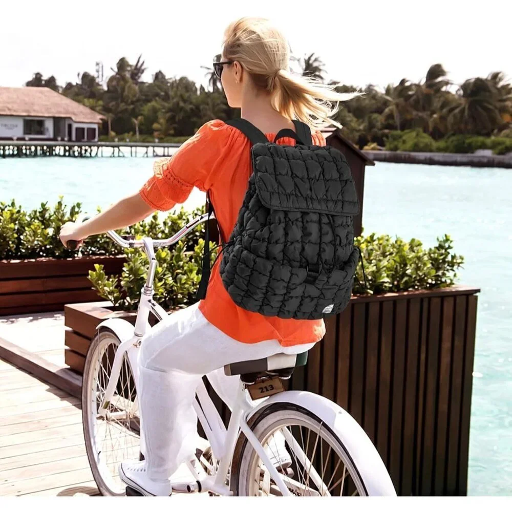 Women's Black Quilted Puffer Imported Drawstring Magnetic Closure Backpack